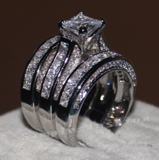 Women Princess cut 10ct Diamonique Cz White Gold filled 3 Wedding Band Ring Set