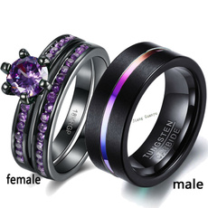 Sz6-12 (TWO RINGS) Couple Ring His Hers Tungsten Steel Men's Ring 18k Black Gold Filled Round 1ct Amethyst Women's Wedding Ring Sets