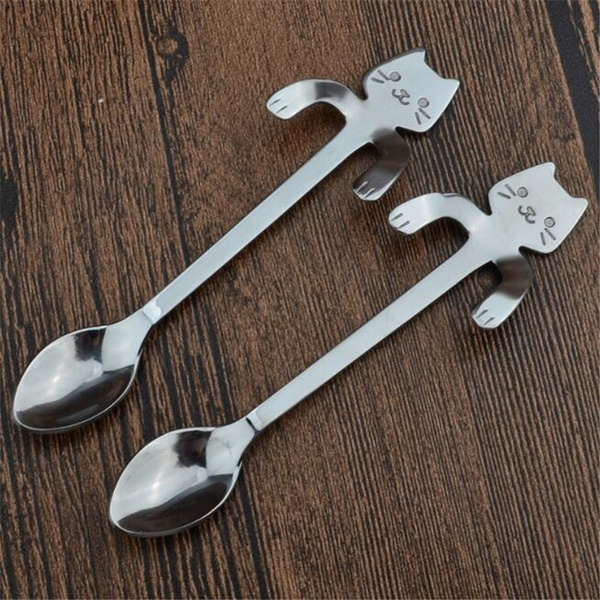 A QIUUE Stainless Steel Coffee Teaspoon with Cat Long Handle Soup/Honey Spoons Dinnerware Drinkware Tea & Coffee Tools 
