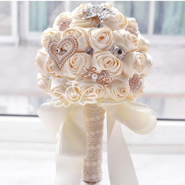 Handmade Beige Silk Rose Wedding Bridal Bouquet 21cm Flower Crystal Brooch Pearl 