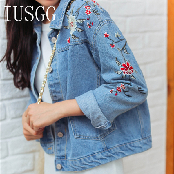 Womens Loose Hip Hop Denim Coat Ripped Jean Jacket Embroidery Floral Ethnic Tops