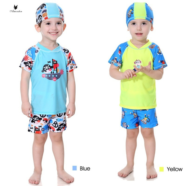 Amorston Kids Boys 3-Pcs Swimsuit Set Swim Cap Swim Top and Swim Short ...