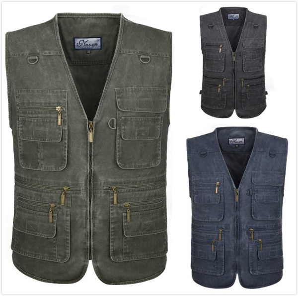 Men Multi Pocket Waistcoat Vest Denim Outdoor Gilet Jacket for Travel ...