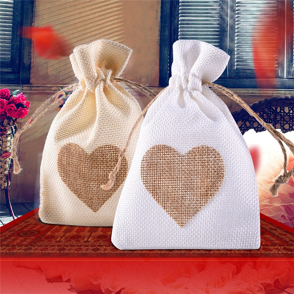 12pcs Linen Pouches Heart Pattern Drawstring Bags Wedding Gift Jewelry Favor Bag