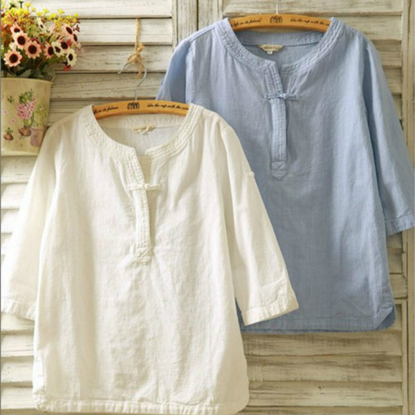 Fashion Women Ethnic Linen Shirt T-shirt Top 3/4 Sleeve Cotton Solid ...