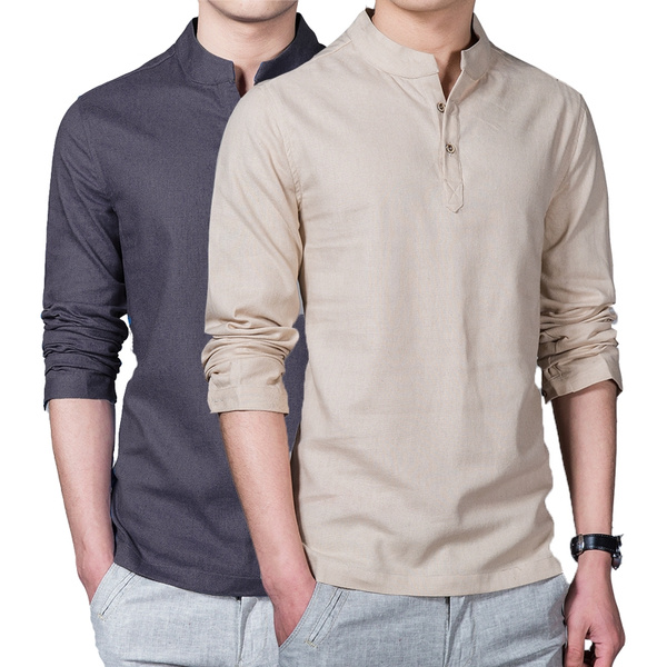 Men Long Sleeve Mandarin Collar Shirt Solid Leisure Single Button