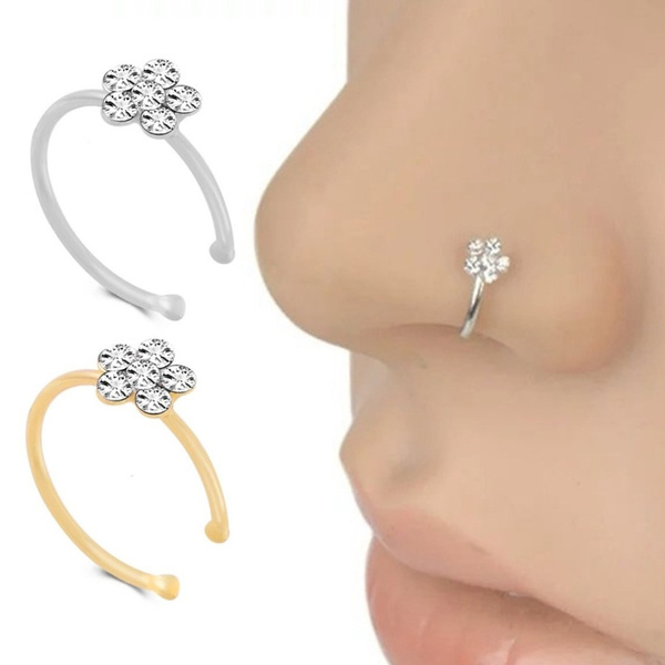 Details about   Human Piercing Jewelry Plum Blossom Faux Diamond Nose Ring Nails Fake Hoop LB 