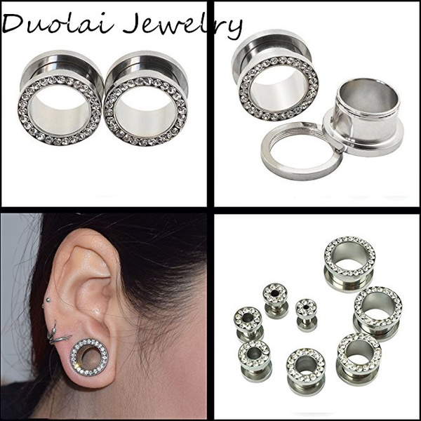 Stainless steel Various sizes Crystal diamond ear plugs tunnels spirals