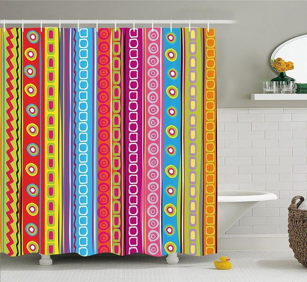 Striped Shower Curtain, Colorful Retro Stripes Circles Boho
