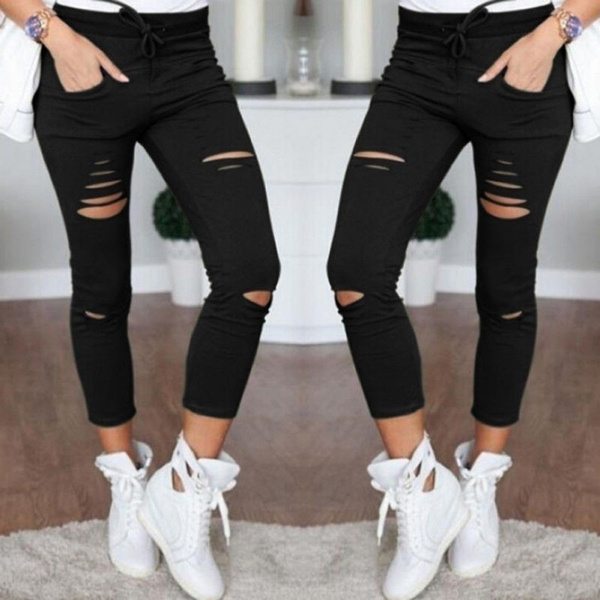 Women Pants leggings Ripped Pants Slim 