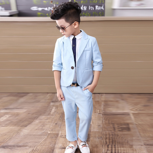 Fashion Little Boys Blazer Two Piece Suits Kids Pure Color Casual Suit Jacket Suit Pants 2 Colors 1 11 Years