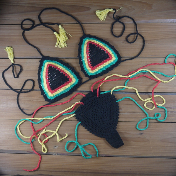 Handmade Crocheted Rasta Colored Octiquid Brazillian Bikini Set Beach Swimwear Handmade