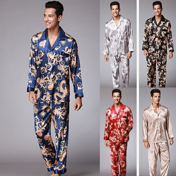 New Men s Silk Robes Pajamas Two Sets of Lines Color Black navy