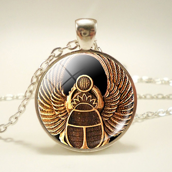 Egyptian Scarab Necklace, Scarab Pendant, Ancient Egypt Jewelry, Men's  Scarab Glass Dome Cabochon Charms Necklace Women