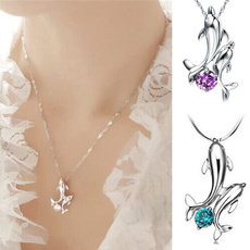 Cute  Double Dolphin Rhinestone Short Chain Pendant Necklace Jewelry (Color: White)
