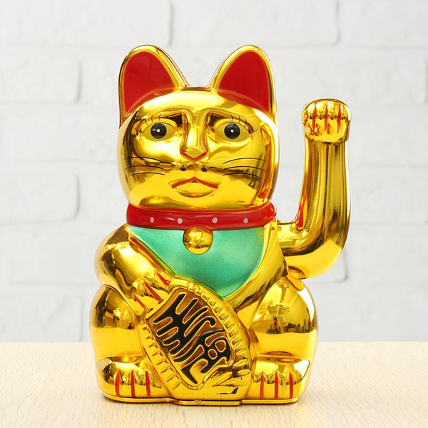 Feng Shui New Chinese Lucky Waving Gold Cat Figure Moving Arm in Colourful Box 
