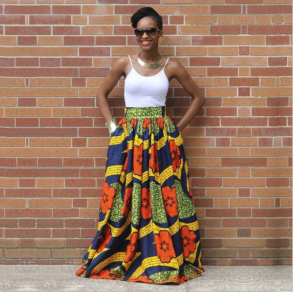 African Dashiki Print Women High Waist Boho Long Dress Traditional Pleated Skirt