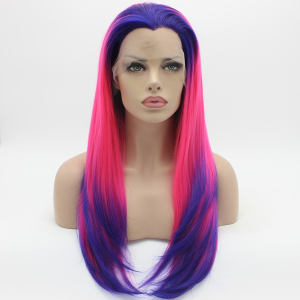 Iwona Hair Straight Long Purple Root Rose Red Ombre Wig Half Hand Tied Heat Resistant Synthetic Lace Front Wig Wish