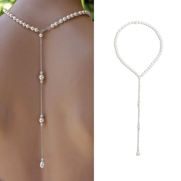 Dainty Pearl & Crystal Bridal Backdrop Necklace – Bridal De Vine