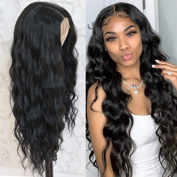 Black Long Loose Curly Wave Lace Front Wigs with Baby Hair Deep Part Heat Resistant Glueless Synthetic Lace Front Wigs for Fashion Women