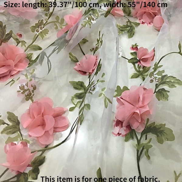 Lace Fabric Ivory Organza 3D Pink Chiffon Rose Floral Embroidery 55