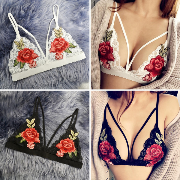 Women's Lady Sexy Lace Rose Flower Hollow out Harness Cage Bra Strappy  Bralette Top