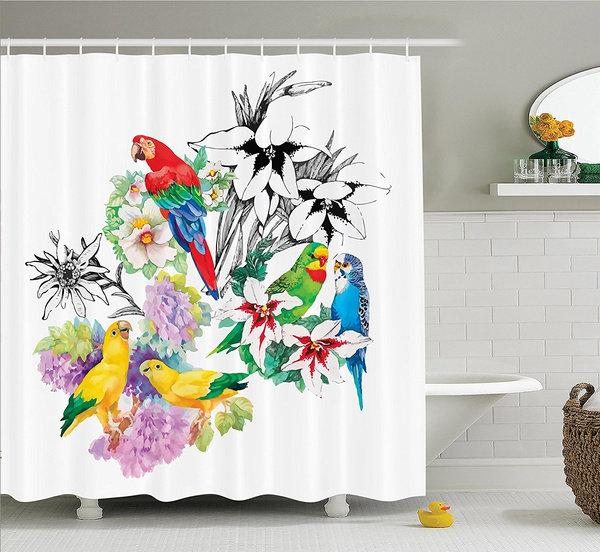 Shower Curtain Parrot Parrots Observing The World on Top of Floral Foliage Garden Jungle Tropic Bird Print Shower Curtains in Bathroom MulticolorW36x72L