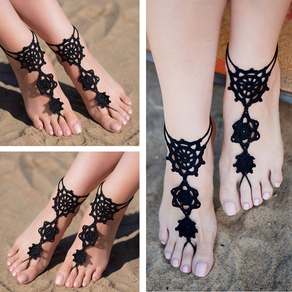 Crochet Black Barefoot Sandals, Foot jewelry, Bridesmaid