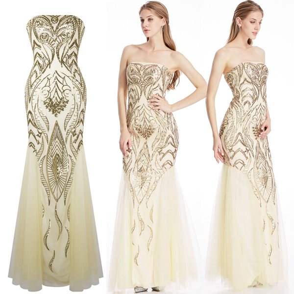 Angel-fashions Women's Strapless Sequin Mermaid Tulle Gatsby Wedding Dress 341 