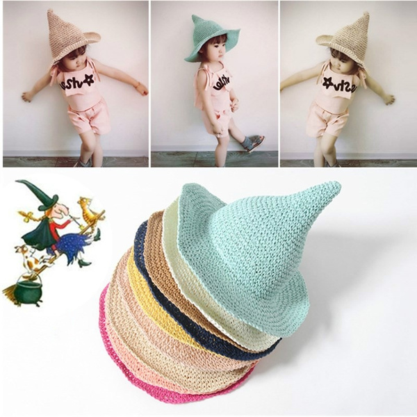 2017 New Summer Straw Hat Baby Girls Beach Hat Brim Large Sun Hat Witch  Pointed Hat