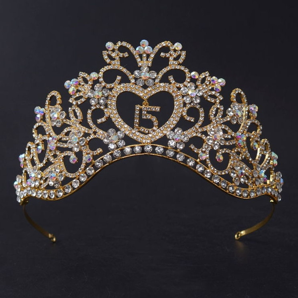 Quinceanera 15 Fifteen Birthday Heart Crystal Gold Tiara Crown Pageant Prom Part 