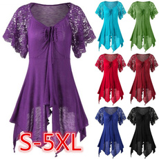 Plus Size Lace Sleeve Self Tie Handkerchief Top Irregular Blouse S-5XL 6 Colors