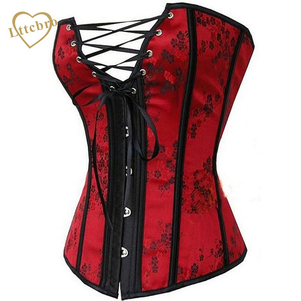 Sexy Women Red Corset Strapless Bustiers Corselets Shapers Overbust Geisha  Plum Pattern Satin Lace-Up Corset Top Lingerie