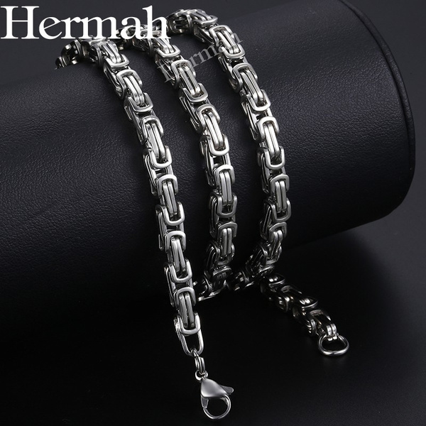 Hermah 5mm silver tone byzantine box link necklace for men boys