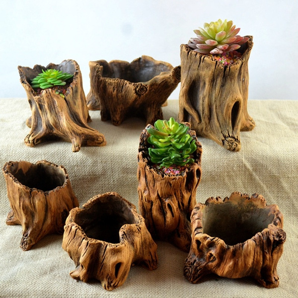 Hica Flower Pot Creative Vintage Gardening Pots Succulent Imitation Wood Planter Pot Driftwood Stump Log Cactus Planter Pot Concrete Planter