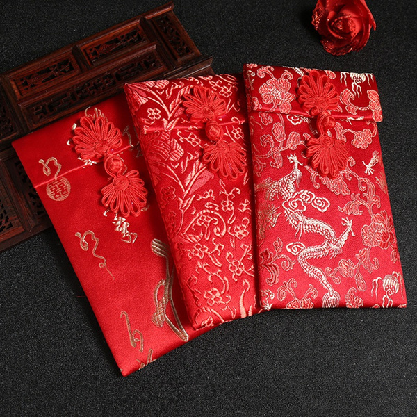 Birthday HongBao Chinese Element Festive Red Envelopes Gift Card Chinese Lucky Embroidery Lucky Money Envelope with Knot for New Year 2020 Rat Silk Red Envelopes Wedding 回纹格-福