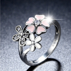 Cherry Blossom   Enamel Heart Floral CZ Finger Ring In Sterling Silver Size 6-10
