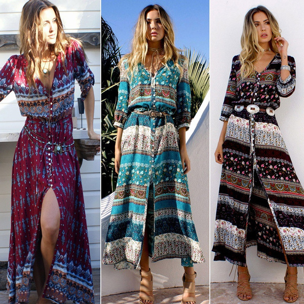 Women Bohemian Long Dress Floral Print Retro Hippie Chic Boho Dress Wish