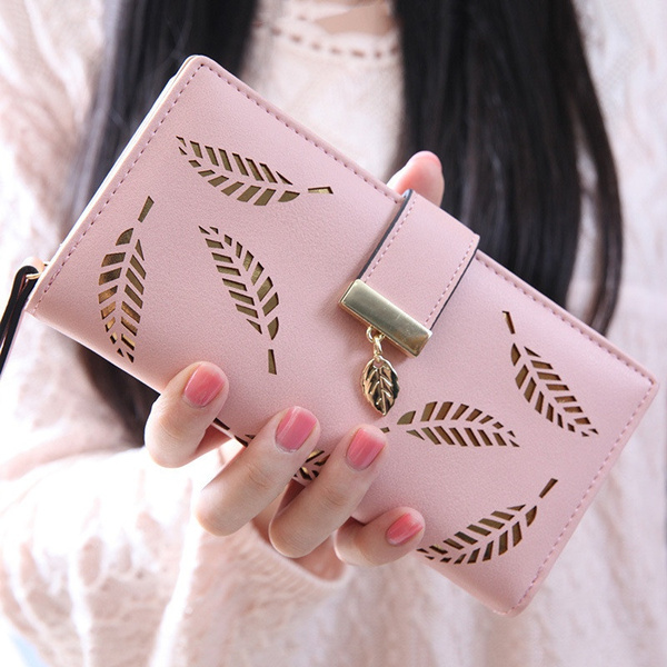 Hollow Out Leaf Women Wallet Long PU Leather Women Purse Korean Style Ladies Wallet Clutch Beautiful Card Holder