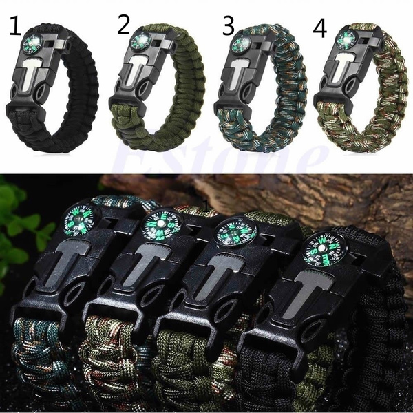 Bracelet De Survie Bushcraft Multifonction : Paracorde, Sifflet, Pierre à Feu, Boussole, Neuf