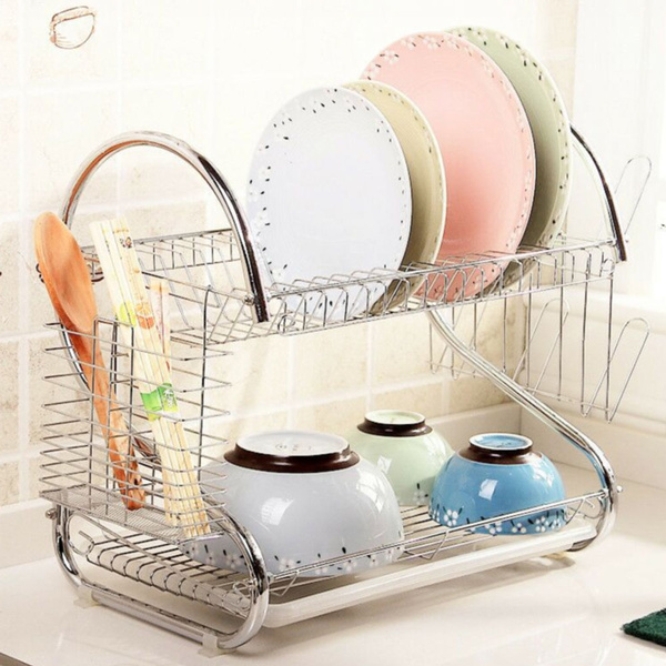 2-Tier Dish Drying Rack Stainless Steel Drainer Kitchen Storage Silver
