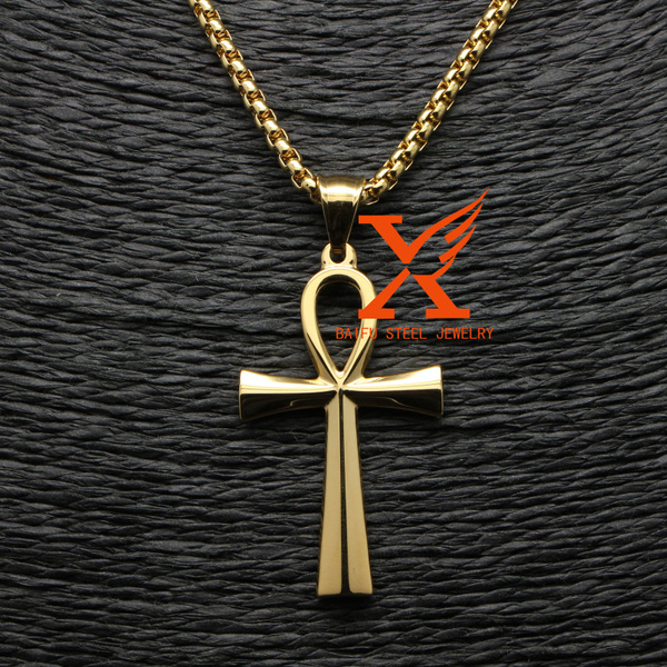 3D New Egyptian Ankh 18K Gold Plated Stainless Steel Ankh Pendant Necklace 24" 
