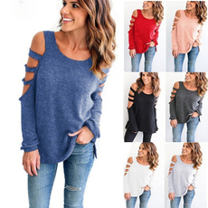 Women Solid Color Strapless Shirt Loose Sexy Autumn Casual Tee  Crisscross Hollow Out Open Shoulder T-Shirt