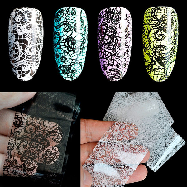 Cool Lace Nail Foil Sticker White Black Flower Pattern Swirl Vines Nail Art Design Glue Transfer Decal Foil Manicure Supplies Wish