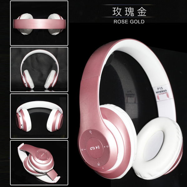 P15 Rose Gold Bluetooth Headset, Head Mounted Bass Stereo, Mobile Phone Wireless Calling Card, FM |