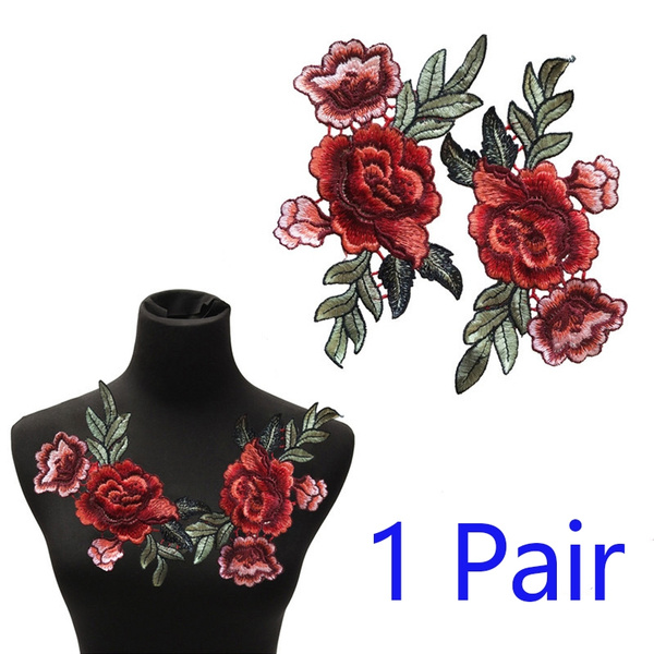 1 Pair Rose Flower Embroidery Sew On Patch Cloth Floral Collar Garment Applique 