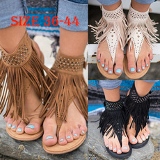 Bohemia Style Womens Summer Tassel Flat Sandals Fashion Beach Sandals Big Size 36-44