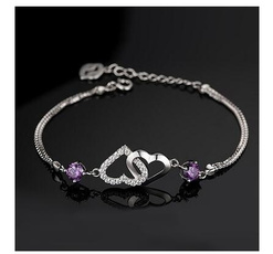 Women Silver Double Heart Purple Crystal Chain Bracelet Gift