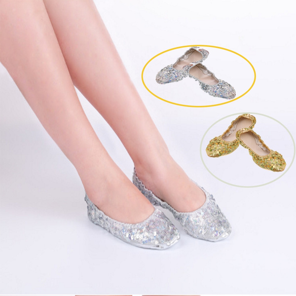 MagiDeal Women Professional Soft Flats Ballet Dance Shoes Ladies Girls Belly Dancing Shoes with Sequins for Adult Children Golden/Silver Size 4.5-9.5