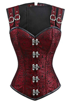 Gothic Jacquard 12 Steel Boned Double Buckle Straps Steampunk Corset Red